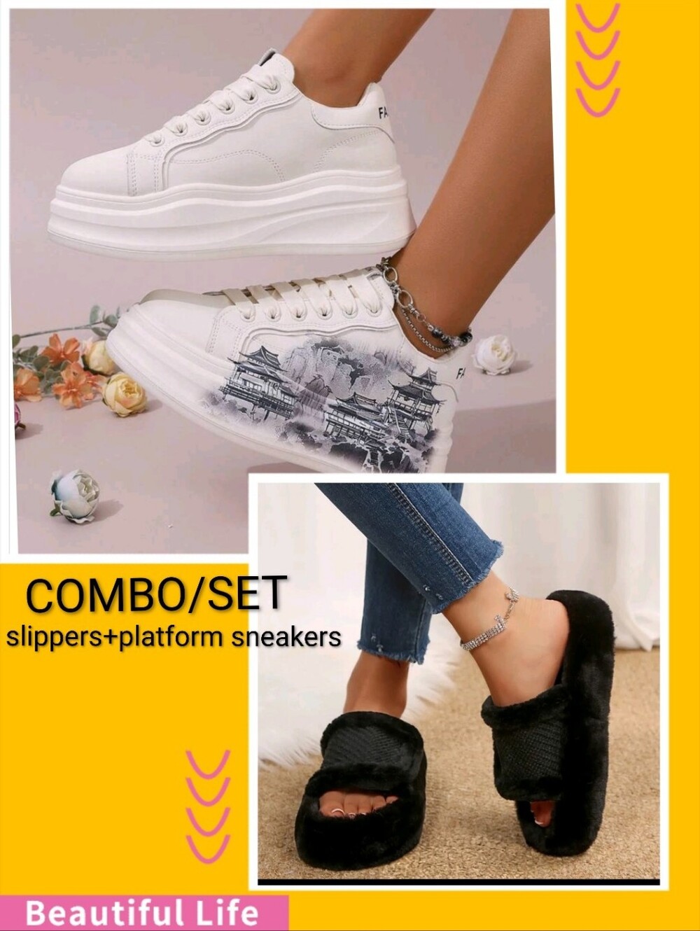 **COMBO -SET WHITE PLATFORM SNEAKERS & BLACK FAUX-FUR SLIPPERS *"🤍🖤✨💲💲💲💲